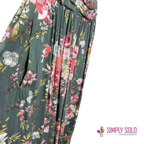 BOG Collective Women's Smocked Jumpsuit Green Floral Boho Wide Leg Cotton Size L - Picture 7 of 10